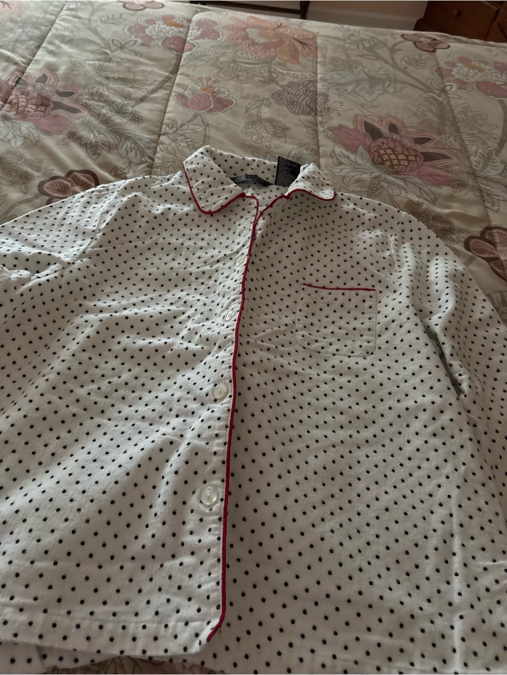 White Polka Dot Women’s Flannel with Red Piping Pajamas